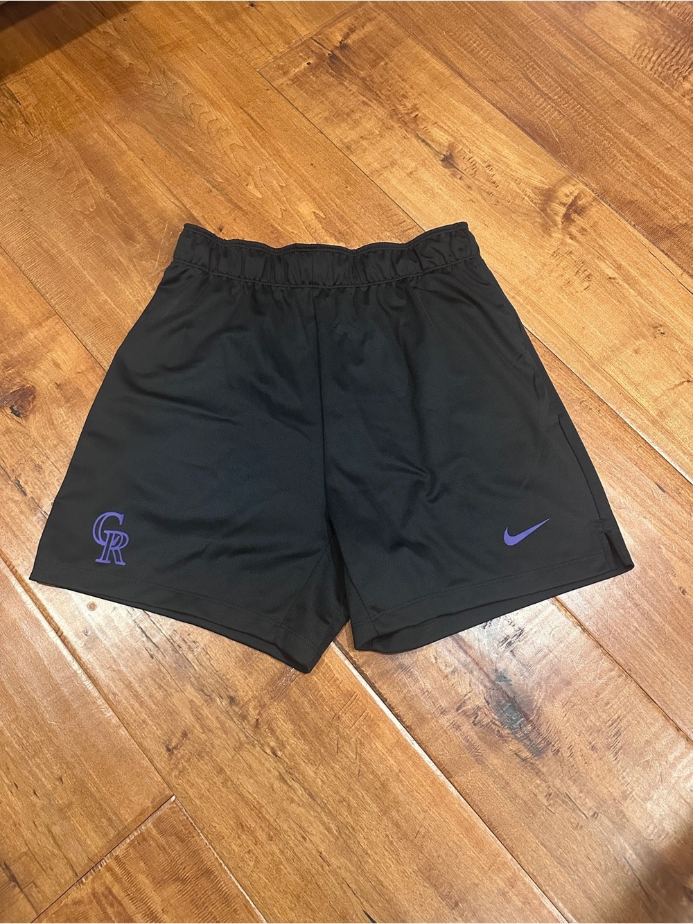 NWT Nike Black Athletic Shorts with Purple Logos Colorado Rockies Logo.